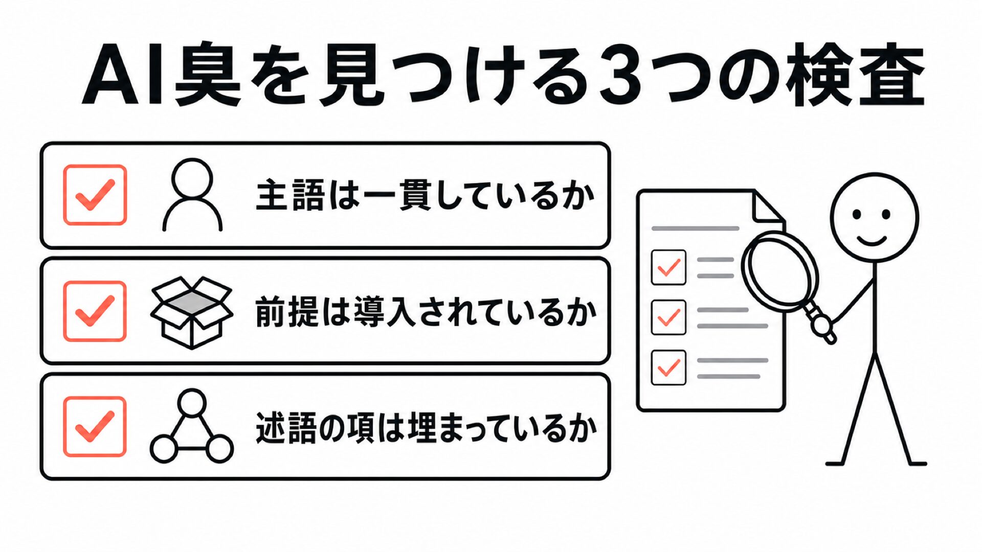 AI臭を見つける三つの検査:主語の一貫性、前提の導入、述語の項