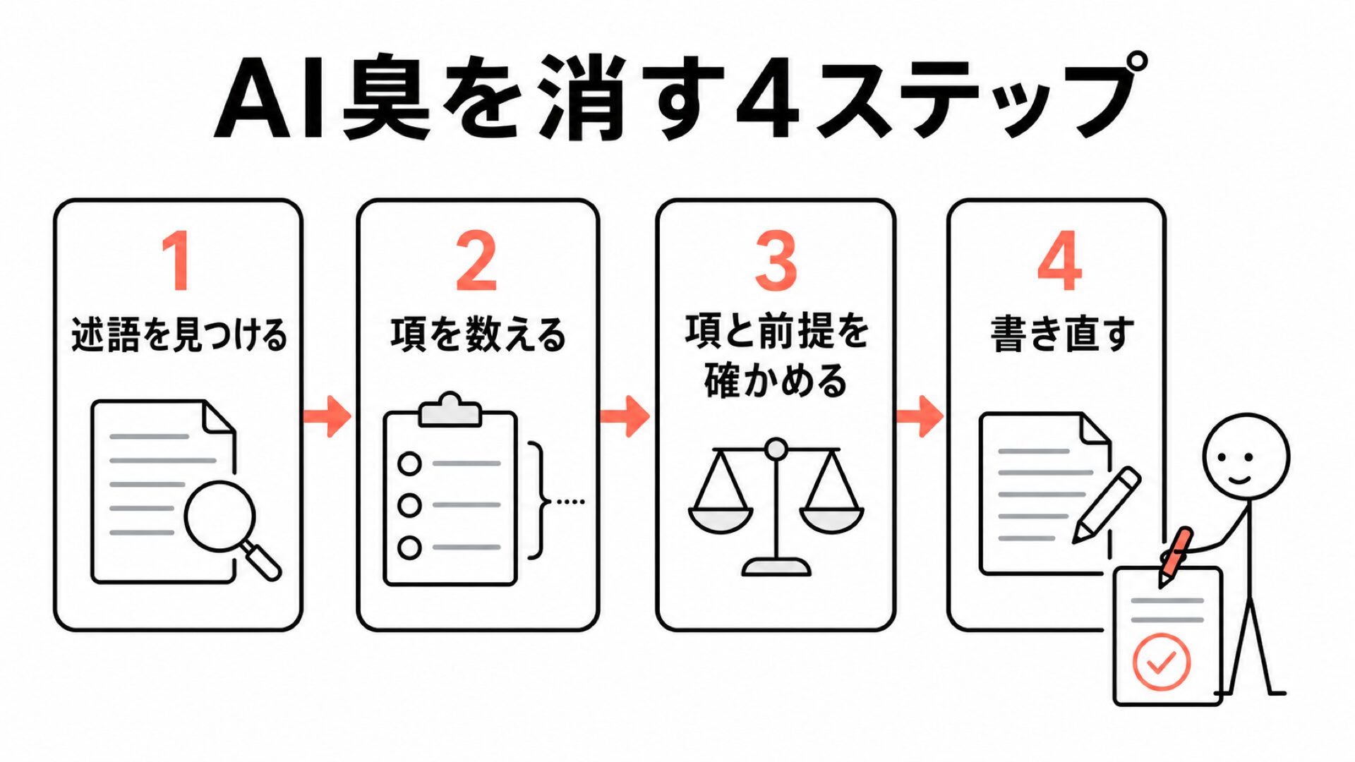 AI臭を消す4ステップ:述語、項、前提を確認して書き直す流れ
