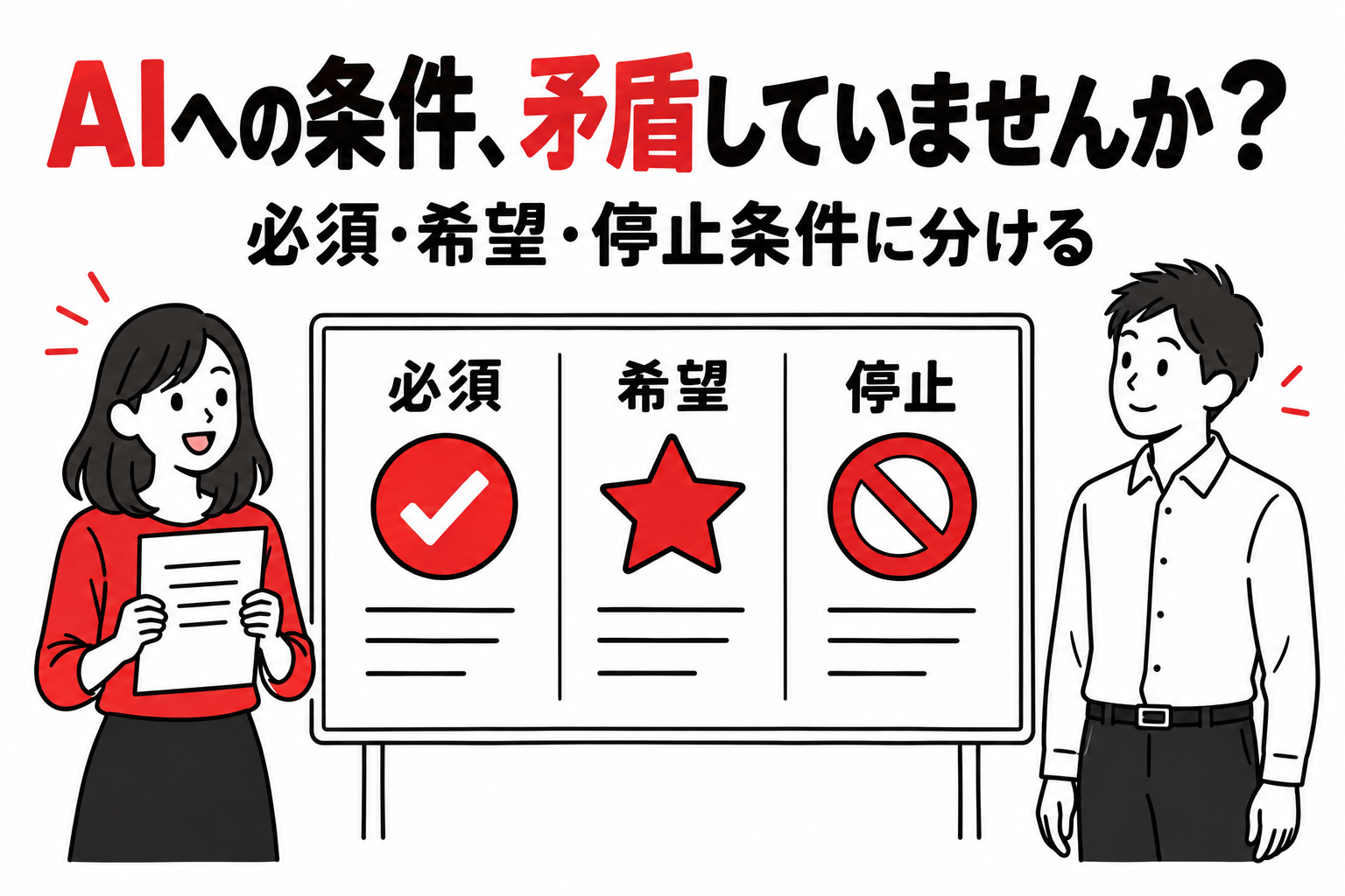 必須・希望・停止の条件をボードで確認する男女の同僚