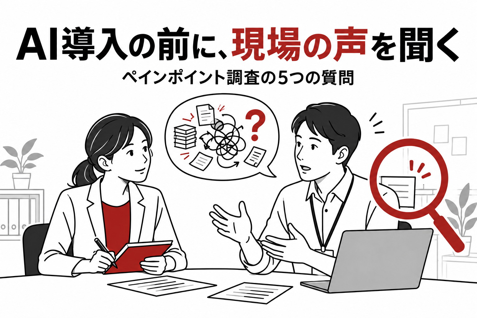 AI導入の前に現場の声を聞く。仕事の困りごとを説明する男性と、両手でノートとペンを持ち聞き取る女性。