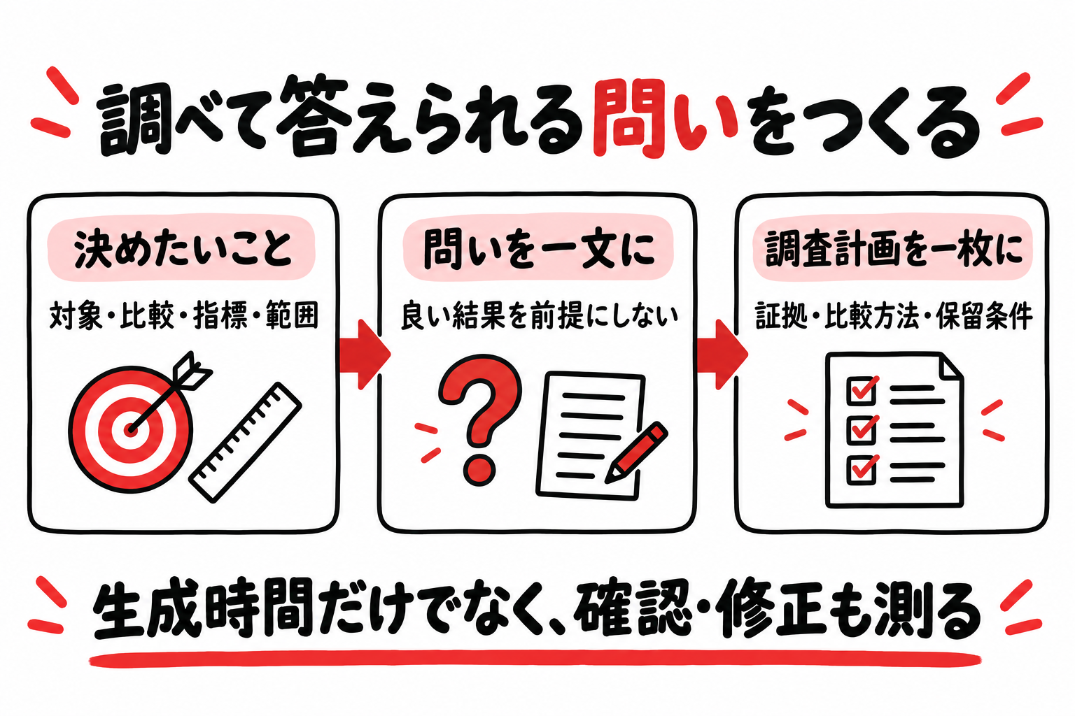 対象・比較・指標・範囲を定め、問いを一文にし、調査計画をまとめる手順